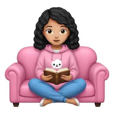 Una chica linda de cabello negro con ondas hasta los hombros de piel blanca con una sudadera rosa en un sofá cómodo y hermoso leyendo la biblia sticker