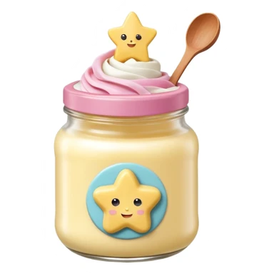 Una miniatura fotorrealista de una mantequilla corporal batida en un tarro, decorada con una pequeña figura sólida en forma de flor o estrella en la parte superior. Estilo: postre, arte, colores vibrantes. sticker