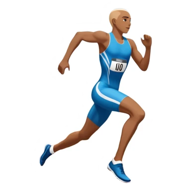 An icon symbolizing professional running: a dynamic sprinting athlete in motion on a track, leaving motion lines behind. The background features a large stadium with cheering crowds, a digital timer, and a clear blue sky. Transparent background emphasizes speed, endurance, and competition. sticker