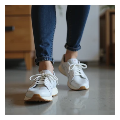 realistic 4K woman wearing sneakers with visible insole, slight frustrated expression while walking indoors sticker