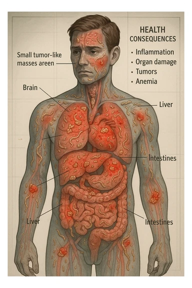 a semi-transparent view of a man’s body reveals numerous parasitic organisms inside his organs and tissues. Some areas are highlighted with red or inflamed zones, and small tumor-like masses are visible where the parasites cluster. The background is clinical and educational, with labels pointing to affected organs and a sidebar showing the health consequences. sticker