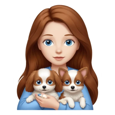 long hair chestnut color blue eyes woman holding small white dog sticker