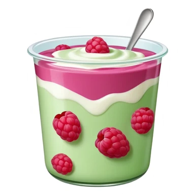 Fruits like yogurt, raspberries, probiotik, in 3d view, aesthetic! Show the green or pink colour sticker