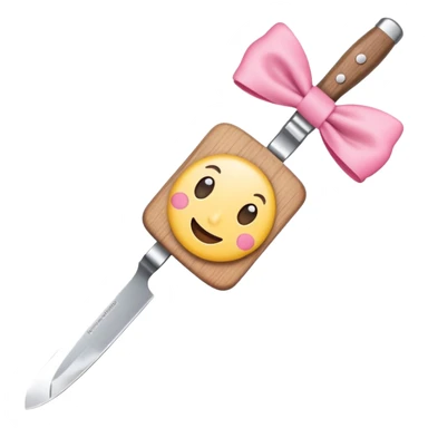 Emoji style illustration of a kitchen knife with a cute pink bow tied around the handle, minimalistic, clean design, white background, soft colors, flat vector style, kawaii emoji sticker