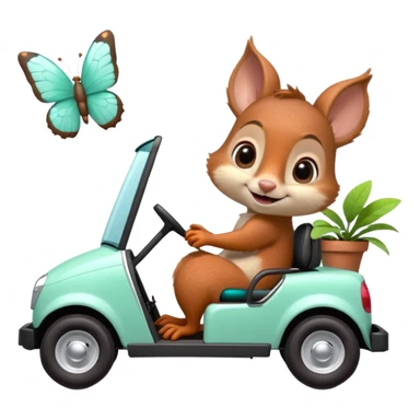 High-quality 3D Pixar-style mint green golf cart speeding in bright courtyard, driven by a super-cute smiling baby squirrel, glossy fur, big eyes, vibrant colors, smooth shading, butterflies, potted plants, bright daylight. sticker
