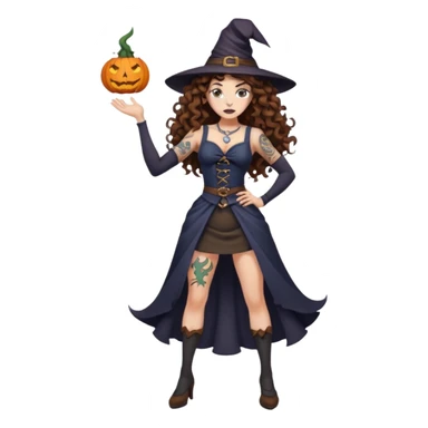 full body view of a woman with long curly brown hair, brown eyes, white skin, tattoos, hands on hips, unimpressed witch stance, psychedelic background swirl sticker
