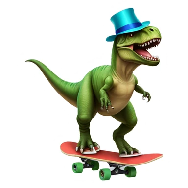 A T-Rex with a party hat riding a skateboard sticker