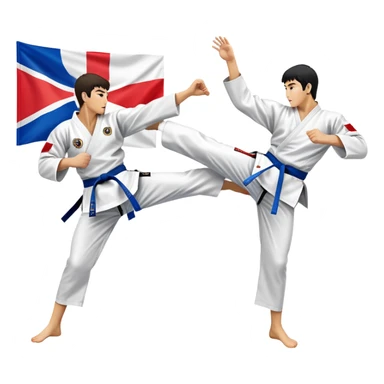 Two taekwondo fighters in a competition arena, one performing a high spinning kick towards the opponent’s head, while the other blocks with a precise guard. The background features a dynamic, bright arena with flags, emphasizing speed and agility in the martial art. Transparent background  sticker