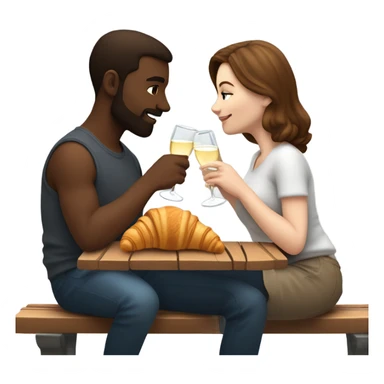 couple with white skin people and brown hair, sitting closely on a park bench, enjoying a romantic moment. One person is holding a croissant, and the other is holding a glass of Prosecco.  sticker