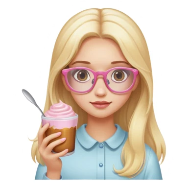 a girl with long lashes, long blonde hair, light pink glasses, holding a pudding sticker