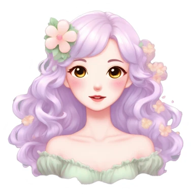 Gorgeous pastel anime style lady with blushing face and flower petals cottagecore fairycore pastelcore shiny colorful pearly petite simplistic aesthetic trending style sticker