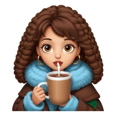 Tanned Girl with lashes , brown hair, in an extremely big fluffy oversized coat and hold hot chocolate drink and big eyes, big lip sticker