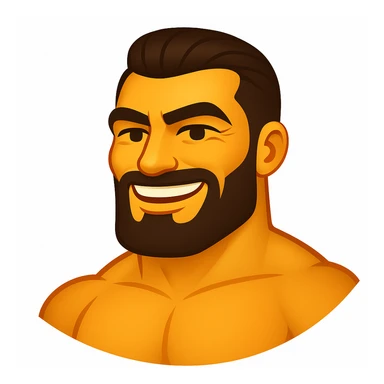 Create a gigachad emoji inspired by the reference image of a muscular man with a chiseled jawline and confident smile, in the style of apple emojis. The emoji should be simplified and expressive, capturing the essence of the apple emoji style. sticker