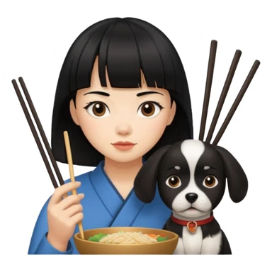 Person with black hair and bangs holding chopsticks next to dog sticker