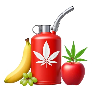 bright red gasoline canister surrounded by a banana, an apple, grapes, and a cannabis leaf, red fuel can with fruits and marijuana leaf arranged around it sticker