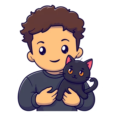 young male with brown light skin, slightly curly hair, holding a black cat sticker