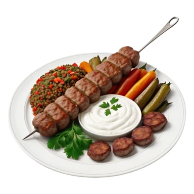 Cinematic Realistic image of a long, hand shaped Turkish Köfte, rendered with richly spiced meat textures and subtle grill marks, artfully arranged on a traditional Turkish ceramic plate alongside classic sides such as a serving of aromatic pilaf, crisp grilled vegetables, and a dollop of creamy yogurt, all bathed in warm, appetizing lighting that emphasizes its savory allure. sticker