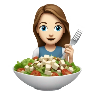 White girl Brown hair blue eyes freackles eating Tofu salad with fork sticker