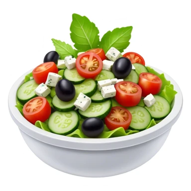 Cinematic Realistic Greek Salad Dish Emoji, depicted with crisp lettuce, tomatoes, cucumbers, olives, and feta cheese rendered with vibrant textures and fresh, natural lighting. sticker