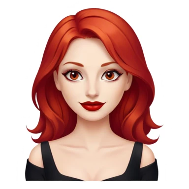 a woman with red hair and red eyes. The woman wear a black dress. She have red lipstick and she have a seductive look and smile sticker