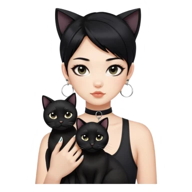 Asian cool girl, black hair.  Holding two BLACK cats with one cat has a round fat face. Both pure black.  The girl also wearing a black singlet, a black chocker, silver round hook earring, and wearing eyeliner.  sticker
