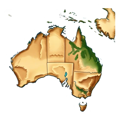 Outline and Landmass of Australia – map of Australia, featuring its distinct coastline and iconic landmass shape. The deep blue ocean surrounds the golden-brown continent, with subtle topographic details highlighting its vast deserts, lush forests, and rugged coastline. A soft glow accentuates the edges, making the shape unmistakable. sticker