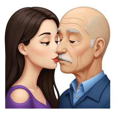 Beautiful woman with long dark hair, kissing a old brown bald man sticker