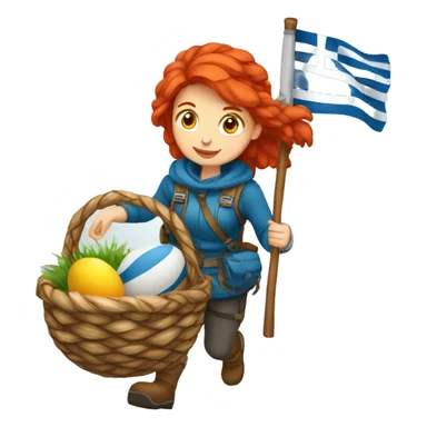 red hair female winter mountaineer climbing with Easter eggsbasket and Greek flag sticker