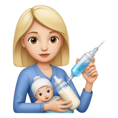 Mother holding a baby bottle with milk and a vaccine syringe sticker