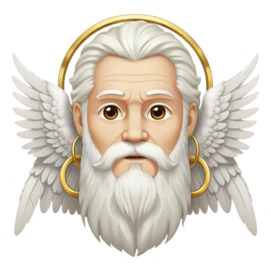 Zeus-like deity with large white feathered wings, long white hair and beard, wise expression, gold hoop earrings hanging from ears sticker
