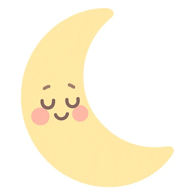 soft pastel sleepy yellow crescent moon with gentle smile and blushing cheeks, no arms, no legs, full body, soft pastel kawaii style sticker