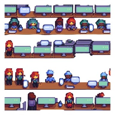 webinar with small pixel art figures at computers, simple background sticker