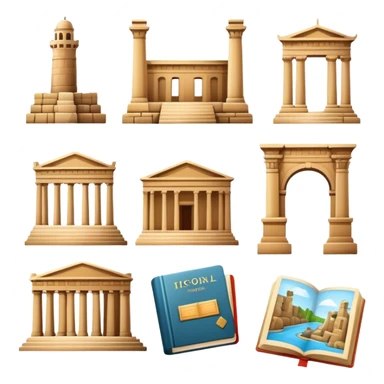 Icon for Historical and Cultural Tourism: iconic landmarks like ancient ruins, a museum and a historical monument, with a travel guidebook and camera. The icon should capture the exploration of history and culture. Transparent background. sticker
