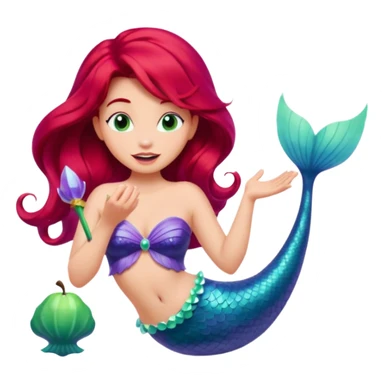 Ariel from Disney's The Little Mermaid, singing, with red hair, purple seashell top, and green mermaid tail, apple-style emoji art sticker