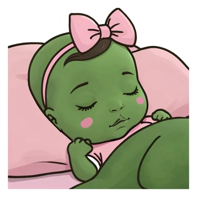 Brunette baby girl Caucasian sleeping pink bow sticker