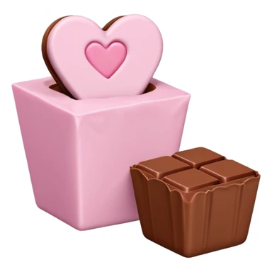 Two square milk chocolate pralines, Each praline is a sharp-edged cube with smooth glossy chocolate coating, placed in a small white fluted paper candy cup. On top of each cube is a flat pastel pink heart-shaped icing sticker