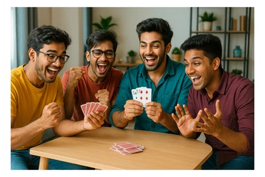 four young Indian men, college students, gathered around a table playing tash, animated gestures, fun mood, contemporary style sticker