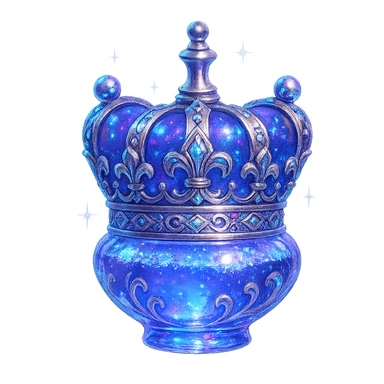 ultra luxurious small crown-shaped elixir bottle, color #7986cb, intricate and bold iridescent and silver details, maximum intense magical glowing and sparkling effects, very small neck, seamless bottom, transparent background, floating, no base or shadow, modern, matching a magical luxury collection sticker