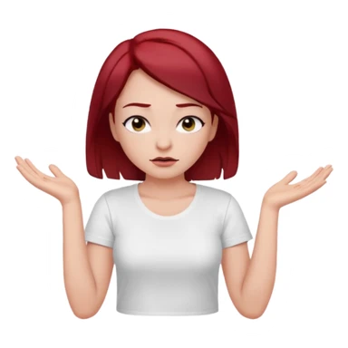 younger woman shrugging, eyes closed, white t-shirt, dark red hair, black eyebrows sticker