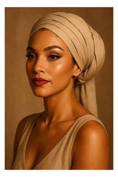 a tanned skin woman with a headscarf and makeup, elegant and expressive sticker