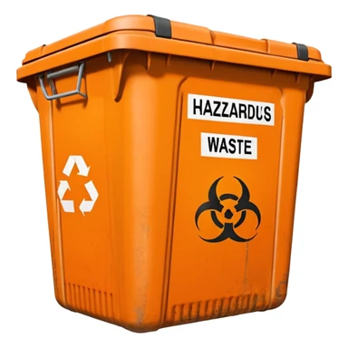 empty orange BIN WITH "hazardous WASTE" WORD IN IT sticker