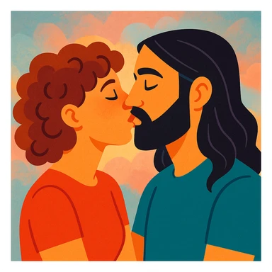 expressive illustration of a white woman with curly brown hair and a white man with long hair and a black beard kissing, soft background, romantic atmosphere sticker