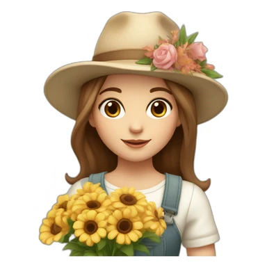 white skin, Girl with a hat, brown hair straight to the shoulders, holding a bouquet of flowers sticker