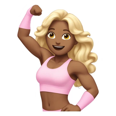 Woman, white skin, pale skin, long hair, blonde hair, wavy hair, baby pink sports bra, baby pink leggings, flexing one arm up sticker