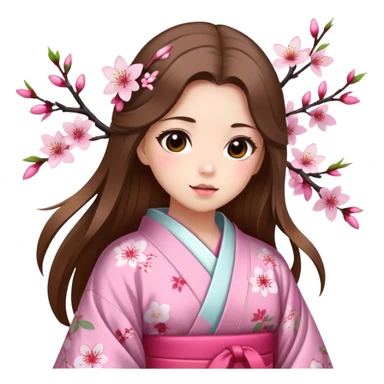 Girl with long brown hair wearing a kimono with cherry blossom patterns sticker