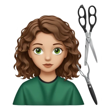 Girl with green eyes and brown wavy hair getting haircut with scissors sticker