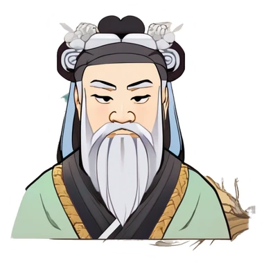 、"Laozi: Ancient Chinese philosopher, Hanfu, topknot, beard, black beard, willow-leaf eyebrows, phoenix eyes, long face, wide face." sticker