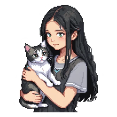 Beautiful girl with long black hair petting a gray and blonde mixed cat sticker