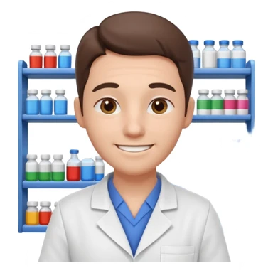 pharmacist portrait, head and shoulders only, wearing a pharmacy apron, casual outfit, friendly smile, retail pharmacy vibe, 3D cartoon, mobile game icon style, clean background, no text, no watermark sticker