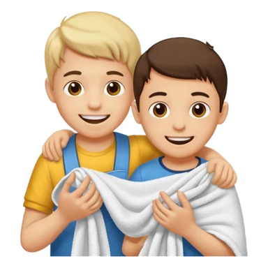 un niño pequeño y un hombre jugando al juego de tirar la soga, en vez de soga una toalla blanca sticker